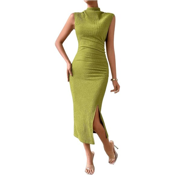 Women's Bodycon Midi Dress Polyester Ruched Side Slit Casual Wear - Picture 4 of 6